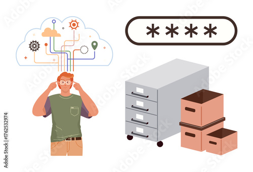Man brainstorming cloud network connections, filing cabinet, and storage boxes alongside password authentication. Ideal for technology, data management, cybersecurity, cloud storage, organization