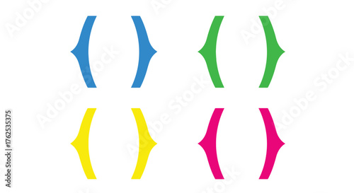 Colorful curly brackets arranged in a grid on a white background