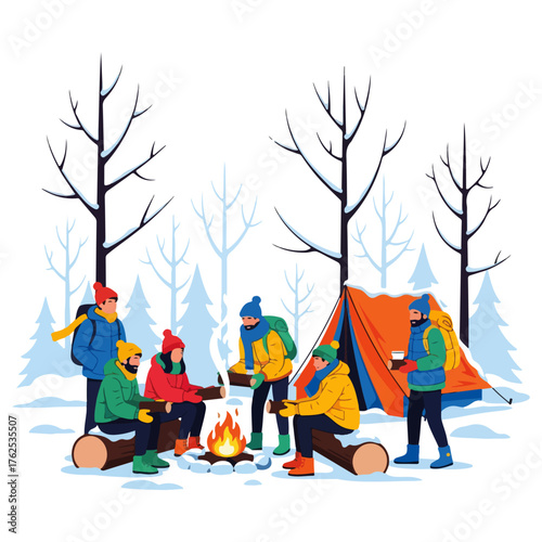 A group of friends enjoying a warm campfire in a snowy forest during winter camping.