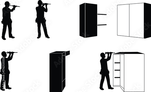 Cabinet assembly illustration, construction worker, power drill, screwdriver use, wall cabinet, safety helmet, carpentry process, furniture installation, repair work, training skills