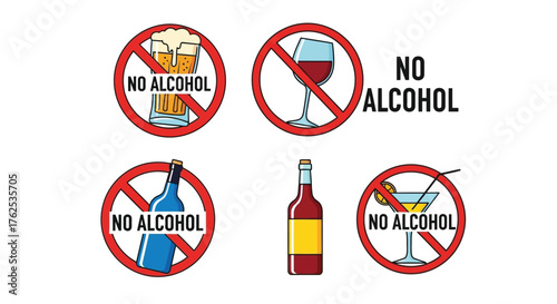 Prohibition signs illustrating various alcoholic beverages with clear no alcohol messaging