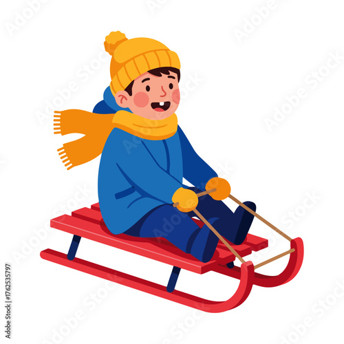 Happy cartoon boy in winter clothes sledding on a red sled.
