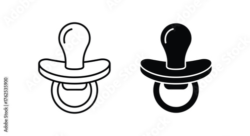 Simple black and white illustration of two baby pacifiers side by side