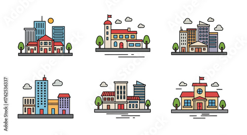 Colorful illustration depicting various city buildings and architectural styles
