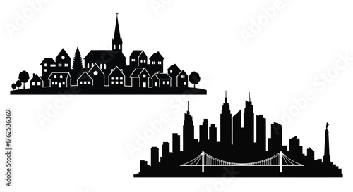 Silhouettes of european and american city skylines with iconic landmarks