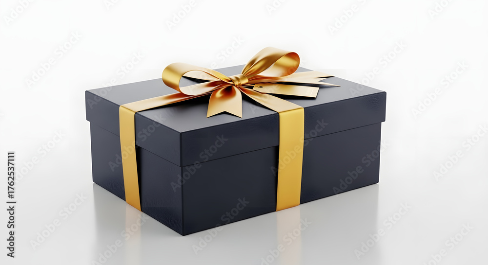 Obraz premium Gift of Elegance: A luxurious, dark gift box, elegantly adorned with a shimmering golden ribbon and bow, radiates sophistication and the promise of a treasured surprise.
