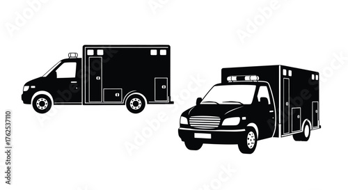 Black and white silhouettes of two emergency ambulance vehicles displayed