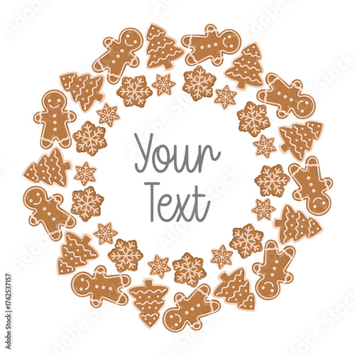 Round Christmas wreath with gingerbread men, trees, and snowflakes. Vector isolated illustration on white background. 