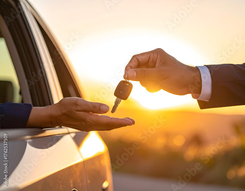 Hands exchanging car keys at golden hour, symbolizing vehicle sale, rental, or new ownership.