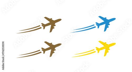 Colorful airplane silhouettes with motion trails create a dynamic aerial scene