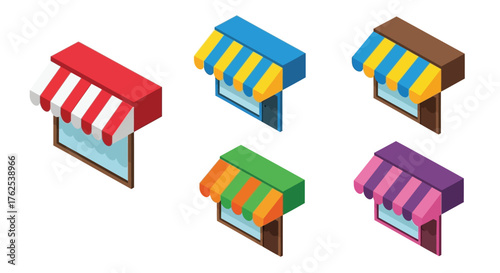 Colorful isometric shop awnings illustrated in a geometric minimalist style