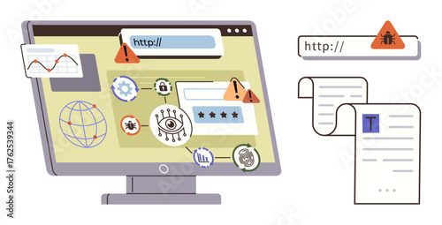 Computer monitor with virus alerts, warning icons, and security checks. Ideal for cybersecurity, online safety, data protection, privacy awareness, malware risks, internet threats simple flat