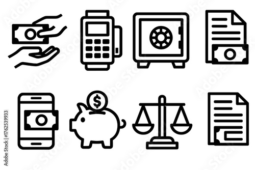 Payment silhouette set: cash handover, point-of-sale device, safe box, invoice sheet, online payment app, coin bank, balance scale, bill payment.