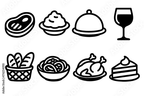Dinner Mealtime outline icon set: steak, mashed potatoes, cloche dish cover, wine glass, bread basket, pasta bowl, roasted chicken, dessert slice.