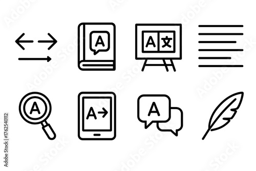 Linguist outline icon set: translation arrows, phrase book, language chart, text lines, magnifying glass, tablet, dialogue box, feather quill.