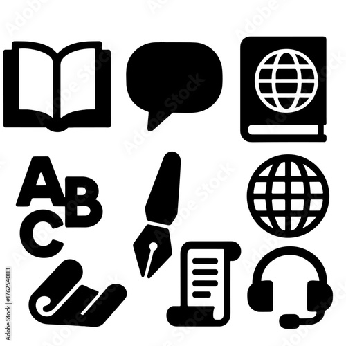 Linguist silhouette set: open book, speech bubble, dictionary, globe, alphabet letters, writing pen, scroll, headset.
