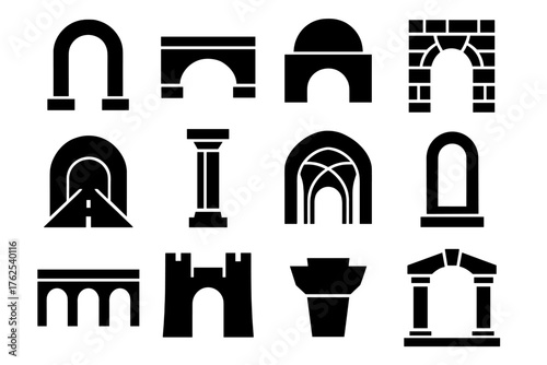 Architectural arc silhouette set: archway, bridge arch, dome, stone gate, tunnel, column, vaulted ceiling, window arch, arch bridge, city gate, keystone, temple arch.