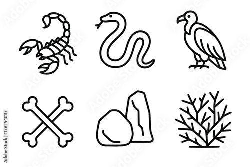 Wild desert outline icon set: scorpion, snake, vulture, bones, rock, thorn bush.