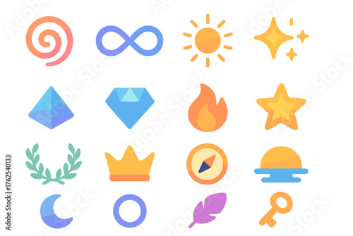 Symbolic Search History set icons in modern isometric flat vector style: spiral, infinity loop, radiant aura, glowing spark, prism, diamond, flame, star, laurel wreath, crown,