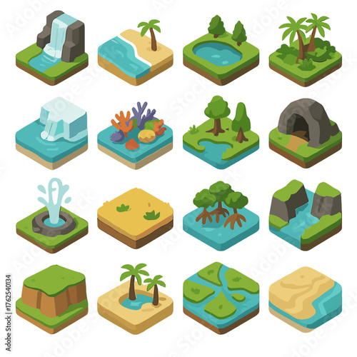 Natural Scenery Icons set icons in modern isometric flat vector style: waterfall, beach shoreline, lake, tropical jungle, glacier, coral reef, swamp, cave entrance, geyser, prairie