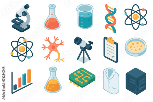 Scientific Scholar set icons in modern isometric flat vector style: microscope, test tube, beaker, DNA strand, atom, neuron, telescope, satellite, chart, lab flask, clipboard,