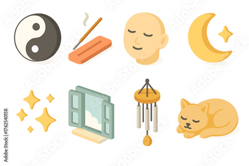 Serenity set icons in modern isometric flat vector style: yin-yang, incense stick, tranquil face, crescent moon, star cluster, open window, wind chime, resting cat.