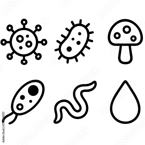 Microbe icons outline icon set: virus, bacterium, fungus spore, protozoa, worm, droplet.