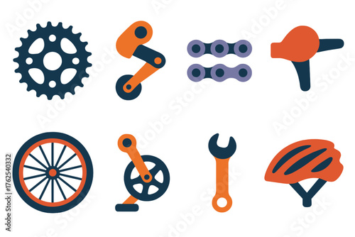 Bicycle Gear Teeth flat icons: bicycle sprocket, derailleur, chain, gear shifter, wheel, pedal crank, wrench, helmet.