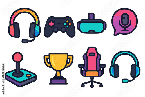 Gaming headset flat icons: RGB headset, console controller, VR goggles, chat bubble with mic, joystick, trophy, gamer chair, neon headset.