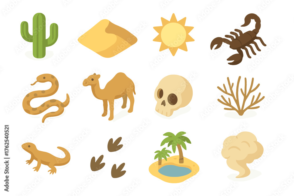 Naklejka premium Desert wilderness set icons in modern isometric flat vector style: cactus, sand dune, sun, scorpion, snake, camel, skull, dry bush, lizard, footprints, oasis, sandstorm.