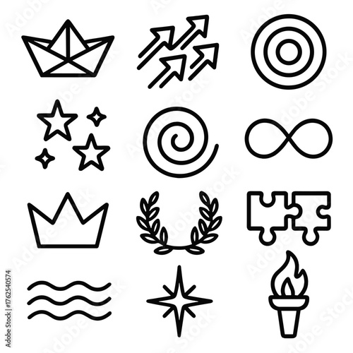Symbolic fleet outline icon set: paper boat, arrow cluster, ripple circles, star cluster, abstract swirl, infinity loop, crown, laurel wreath, puzzle pieces, wave lines, guiding