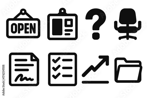 Vacancy silhouette set: open sign, bulletin board, question mark, vacant seat, contract paper, checklist, rising arrow, folder.