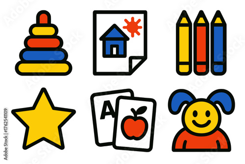 Playful Learning silhouette set: stacking toys, drawing paper, pencil set, bright star, learning cards, playful mascot. , , High resolution, sharp vector-like appearance, ideal for