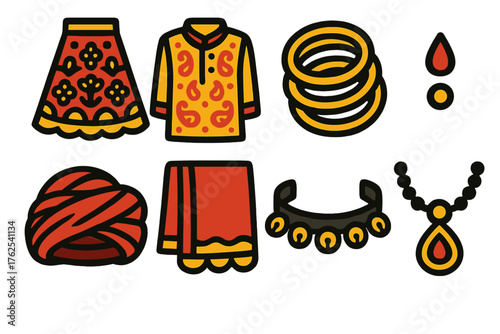 Diwali Festive Clothes silhouette set: embroidered lehenga, kurta with pattern, gold bangles, bindi, silk turban, dupatta edge, anklet bells, necklace charm. , , High resolution,