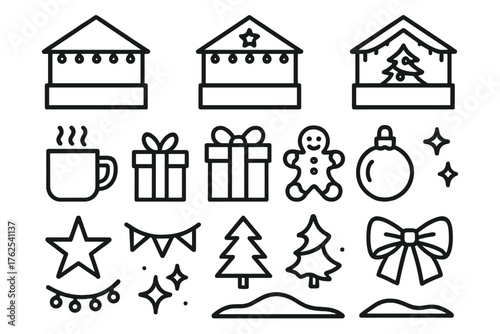 Christmas Market Night outline icon set: illuminated stalls, glowing lights, steaming drink, gift box, cookie, ornament, star, garland, pine tree, festive bow, sparkle, snow drift.