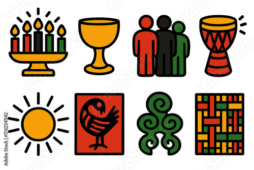 Kwanzaa Rising Spirit outline icon set: glowing candles, unity cup, standing silhouettes, drum echo, radiant sun, ancestral symbols, woven mat, bold colors. , , High resolution,
