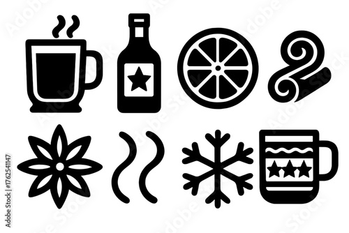 Christmas Market Mulled Wine silhouette set: glass mug, spiced wine bottle, orange round, cinnamon swirl, star anise, steam curls, snowflake icon, festive cup. , , High resolution,