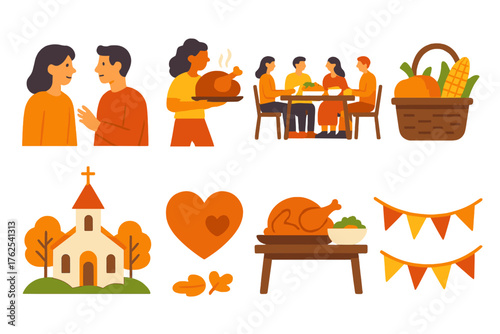 Thanksgiving Gathering Spirit flat icons: people chatting, serving dishes, outdoor table, harvest baskets, local church, shared meal, gratitude heart, autumn bunting. , , High