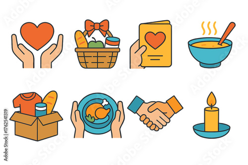 Thanksgiving Giving flat icons: hands holding heart, gift basket, thank you card, soup kitchen bowl, donation box, shared meal, handshake, candle of hope. , , High resolution,