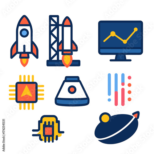 Rocket Engineering flat icons: booster rocket, launch tower, thruster flames, telemetry screen, navigation chip, space capsule, data stream, flight path. , , High resolution, sharp