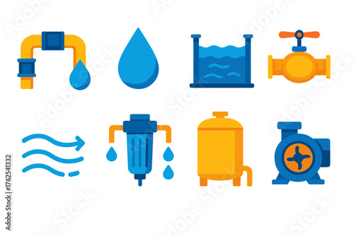 Hydraulic Infrastructure flat icons: pipeline, water droplet, reservoir, valve control, purification filter, storage tank, pump icon, flow lines. , , High resolution, sharp