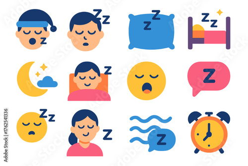 Snoring flat icons: sleeping face, closed eyes, Z letters, pillow, bed, blanket, cloud, crescent moon, stars, nightcap, alarm clock, speech bubble, wave lines, yawning face, sleepy