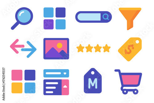 Cyber Monday Product Selection flat icons: magnifying glass, product grid, search bar, filter icon, compare arrows, image gallery, review stars, price label, color swatch, dropdown