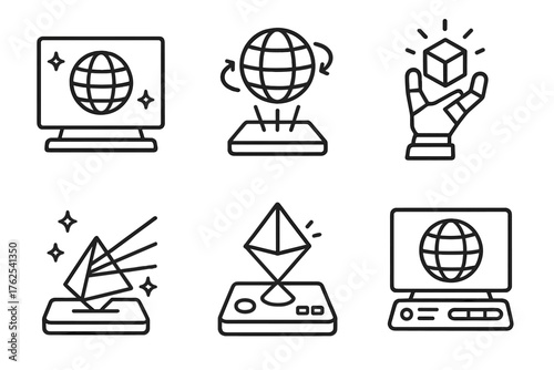 Holographic Displays outline icon set: transparent screen, glowing lines, rotating object, futuristic hand, prism beam, control panel. , , High resolution, sharp vector-like