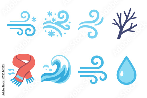 Winter Chilly Wind flat icons: breeze swirl, blowing snow, frozen air, bare branches, fluttering scarf, icy wave, wind lines, cold droplet. , , High resolution, sharp vector-like