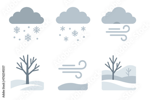 Winter Overcast Skies flat icons: grey clouds, drifting snowflakes, bare trees, soft horizon, cold wind, distant hills. , , High resolution, sharp vector-like appearance, ideal for