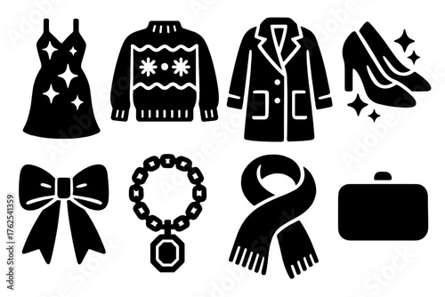 Seasonal Fashion silhouette set: sparkly dress, festive sweater, winter coat, shiny shoes, ribbon bow, statement jewelry, scarf, evening clutch. , , High resolution, sharp