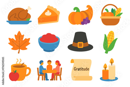 Thanksgiving Gratitude flat icons: turkey, pumpkin pie, cornucopia, harvest basket, autumn leaf, cranberry sauce, pilgrim hat, roasted corn, apple cider mug, family table,