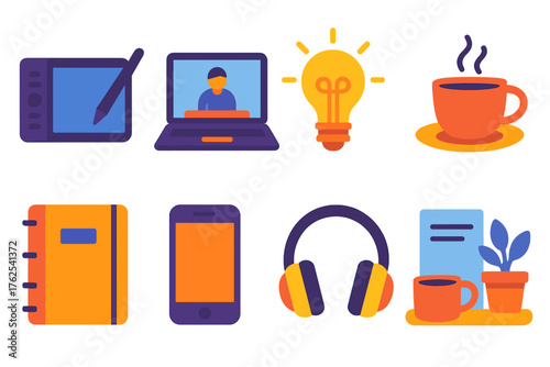 Creative Freelancing flat icons: drawing tablet, laptop screen, coffee cup, idea bulb, notebook, phone, music headphones, cozy workspace. , , High resolution, sharp vector-like