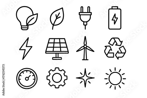 Energy Efficiency outline icon set: light bulb, leaf, plug, battery, lightning bolt, solar panel, wind turbine, recycling symbol, gauge, gear, spark, sun. , , High resolution,